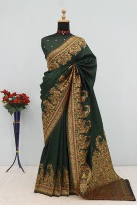 Green pashmina paithani silk saree with beautifully multicolor border and pallu 2