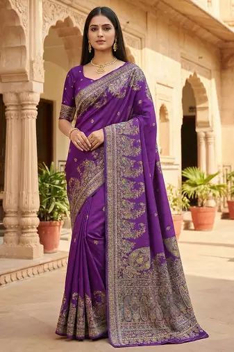 Purple pashmina paithani silk saree with beautifully multicolor border and pallu