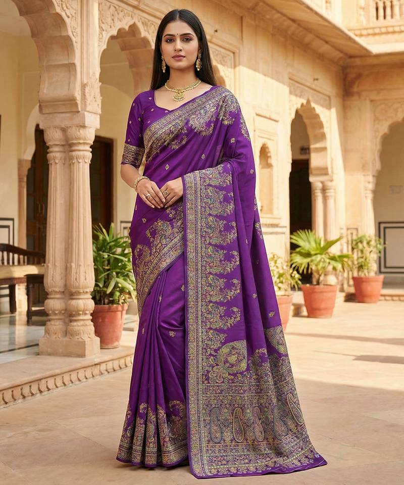 Purple pashmina paithani silk saree with beautifully multicolor border and pallu
