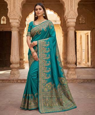 Sky blue pashmina paithani silk saree with beautifully multicolor border and pallu 1