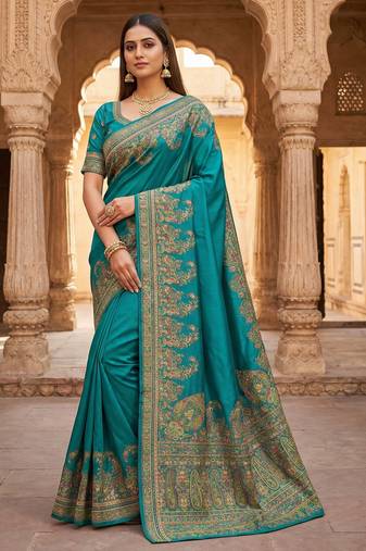 Sky blue pashmina paithani silk saree with beautifully multicolor border and pallu