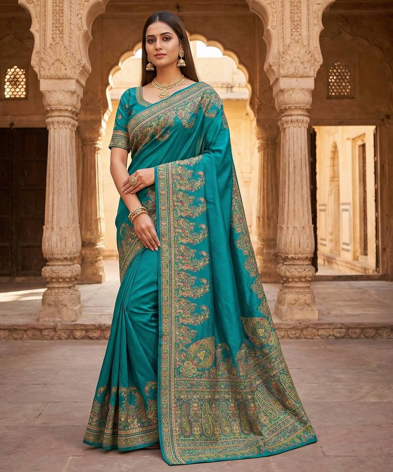 Sky blue pashmina paithani silk saree with beautifully multicolor border and pallu