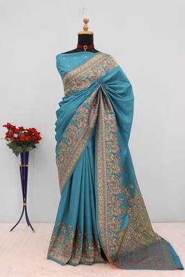 Sky blue pashmina paithani silk saree with beautifully multicolor border and pallu 2