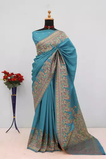 Sky blue pashmina paithani silk saree with beautifully multicolor border and pallu