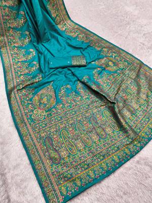 Sky blue pashmina paithani silk saree with beautifully multicolor border and pallu 3