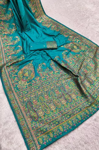 Sky blue pashmina paithani silk saree with beautifully multicolor border and pallu