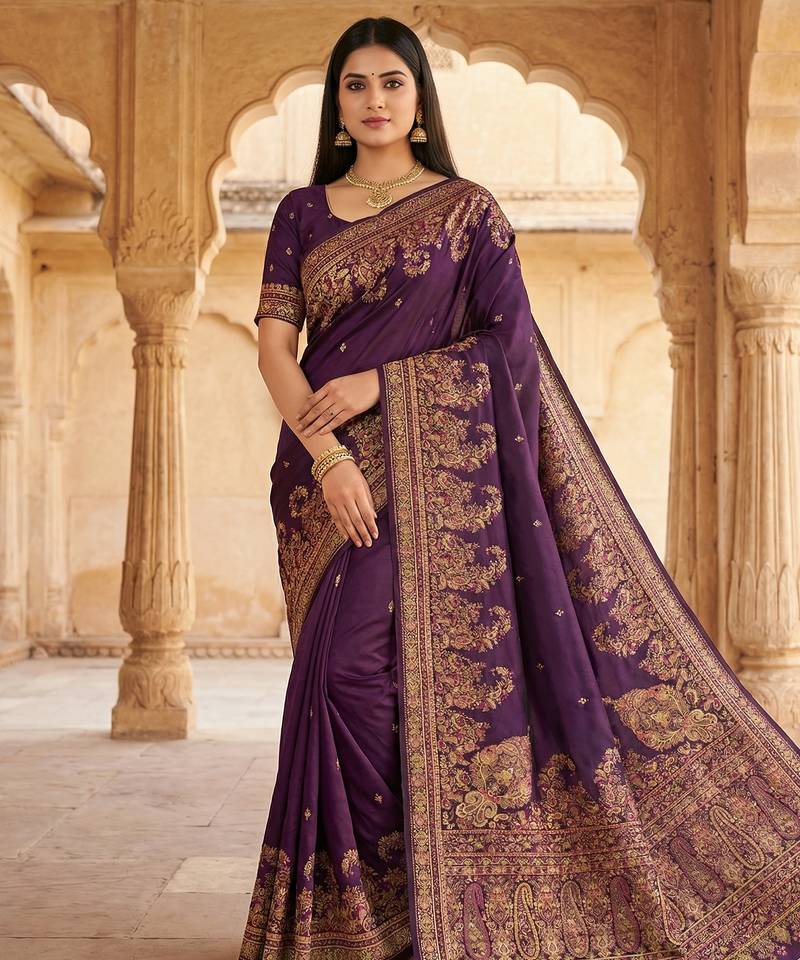 Wine pashmina paithani silk saree with beautifully multicolor border and pallu