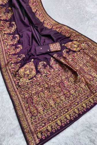 Wine pashmina paithani silk saree with beautifully multicolor border and pallu