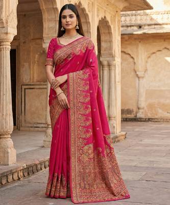 Pink pashmina paithani silk saree with beautifully multicolor border and pallu 1