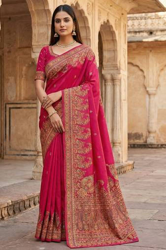 Pink pashmina paithani silk saree with beautifully multicolor border and pallu
