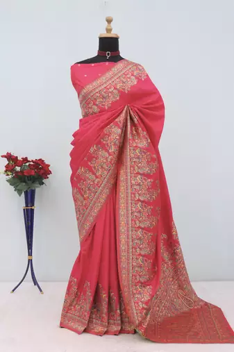 Pink pashmina paithani silk saree with beautifully multicolor border and pallu