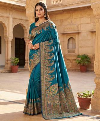 Teal pashmina paithani silk saree with beautifully multicolor border and pallu 1