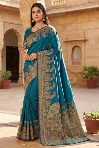 Teal pashmina paithani silk saree with beautifully multicolor border and pallu