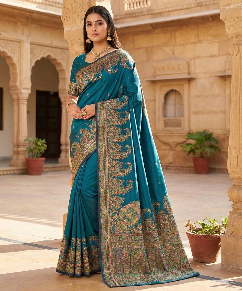 Teal pashmina paithani silk saree with beautifully multicolor border and pallu