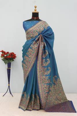 Teal pashmina paithani silk saree with beautifully multicolor border and pallu 2