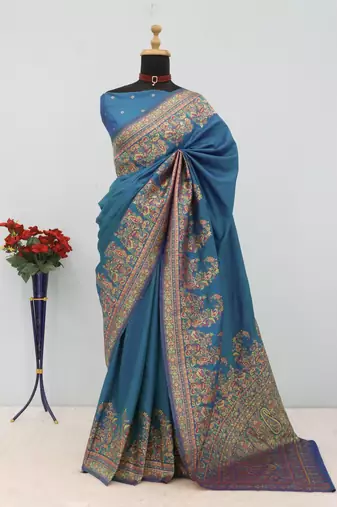 Teal pashmina paithani silk saree with beautifully multicolor border and pallu