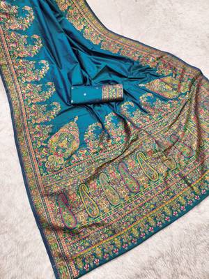 Teal pashmina paithani silk saree with beautifully multicolor border and pallu 3