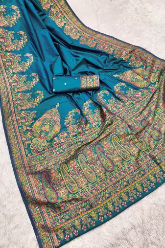 Teal pashmina paithani silk saree with beautifully multicolor border and pallu