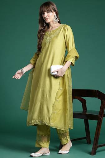 Ethnic Motifs Embroidered Sequinned Liva Kurta With Trousers & Dupatta