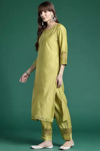 Ethnic Motifs Embroidered Sequinned Liva Kurta With Trousers & Dupatta