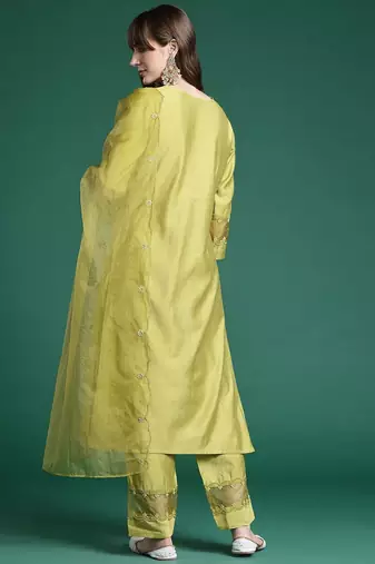 Ethnic Motifs Embroidered Sequinned Liva Kurta With Trousers & Dupatta