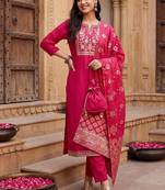 Women Ethnic Motifs Embroidered Kurta with Trousers & With Dupatta