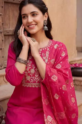 Women Ethnic Motifs Embroidered Kurta with Trousers & With Dupatta
