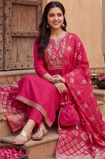 Women Ethnic Motifs Embroidered Kurta with Trousers & With Dupatta