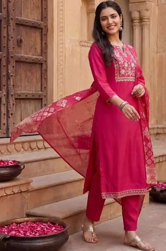 Women Ethnic Motifs Embroidered Kurta with Trousers & With Dupatta