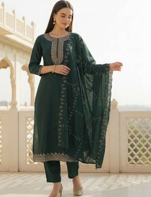 Women Ethnic Motifs Embroidered Thread Work Kurta with Trousers & With Dupatta 1
