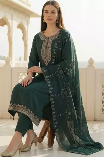 Women Ethnic Motifs Embroidered Thread Work Kurta with Trousers & With Dupatta