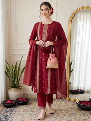 Women Ethnic Motifs Embroidered Sequinned Kurta with Trousers & With Dupatta 1