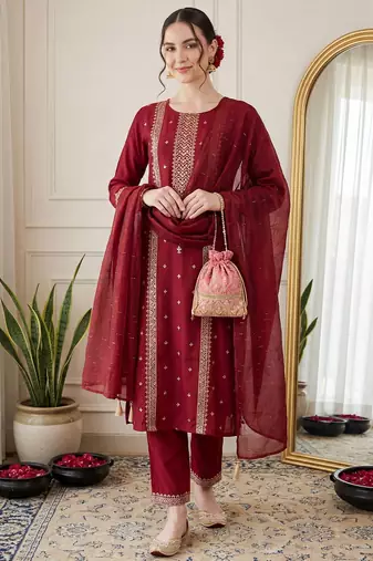 Women Ethnic Motifs Embroidered Sequinned Kurta with Trousers & With Dupatta