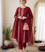 Women Ethnic Motifs Embroidered Sequinned Kurta with Trousers & With Dupatta