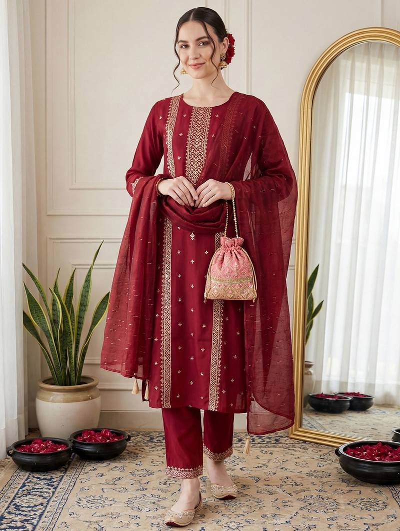 Women Ethnic Motifs Embroidered Sequinned Kurta with Trousers & With Dupatta