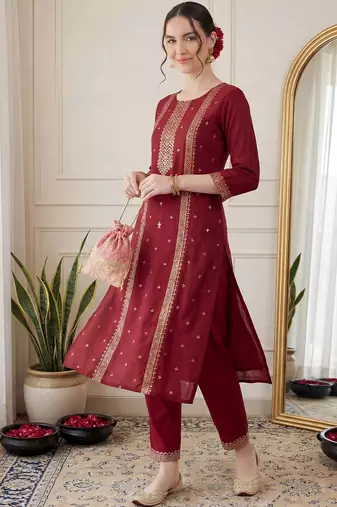 Women Ethnic Motifs Embroidered Sequinned Kurta with Trousers & With Dupatta
