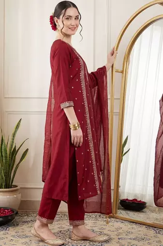 Women Ethnic Motifs Embroidered Sequinned Kurta with Trousers & With Dupatta