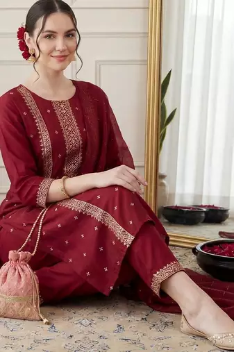 Women Ethnic Motifs Embroidered Sequinned Kurta with Trousers & With Dupatta