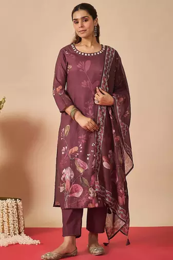 Women Floral Printed Linen Kurta with Trousers & With Dupatta