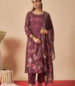 Women Floral Printed Linen Kurta with Trousers & With Dupatta