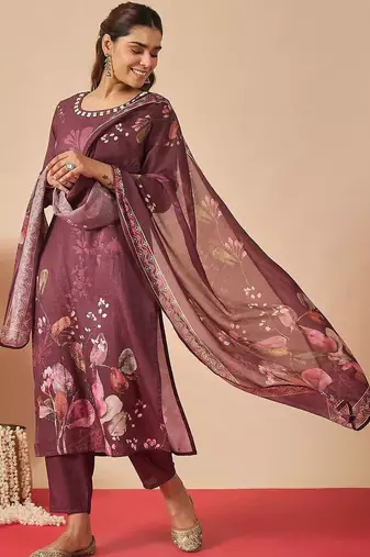 Women Floral Printed Linen Kurta with Trousers & With Dupatta