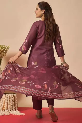Women Floral Printed Linen Kurta with Trousers & With Dupatta