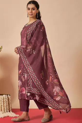 Women Floral Printed Linen Kurta with Trousers & With Dupatta