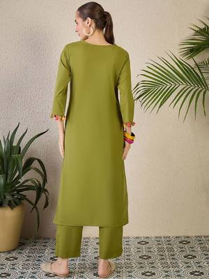 Women Set Green Embroidered Straight Co-Ords 5
