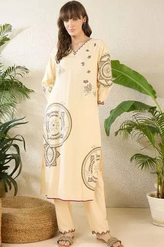 Floral Printed Thread Work Cotton Kurta With Palazzos