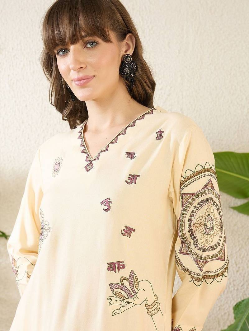 Floral Printed Thread Work Cotton Kurta With Palazzos