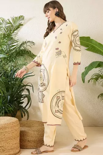 Floral Printed Thread Work Cotton Kurta With Palazzos