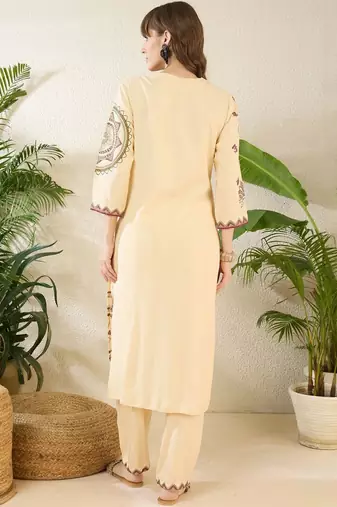 Floral Printed Thread Work Cotton Kurta With Palazzos