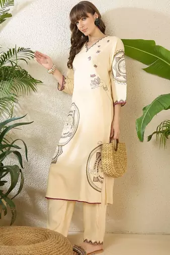 Floral Printed Thread Work Cotton Kurta With Palazzos