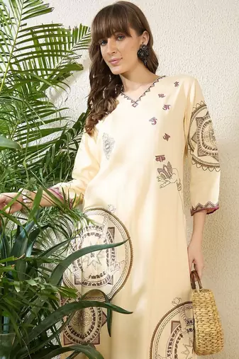 Floral Printed Thread Work Cotton Kurta With Palazzos